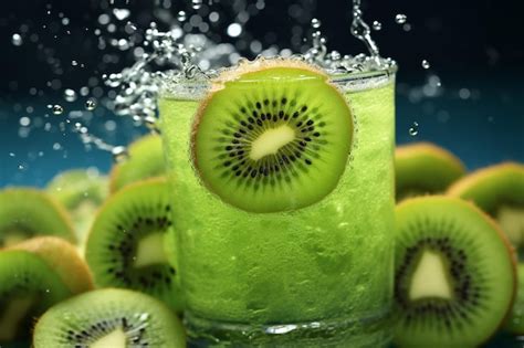 A Straw Submerged In A Glass Of Kiwi Juice With Kiwi Slices On The Rim