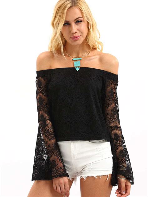 Off The Shoulder Bell Sleeve Lace Top Black Shein Sheinside