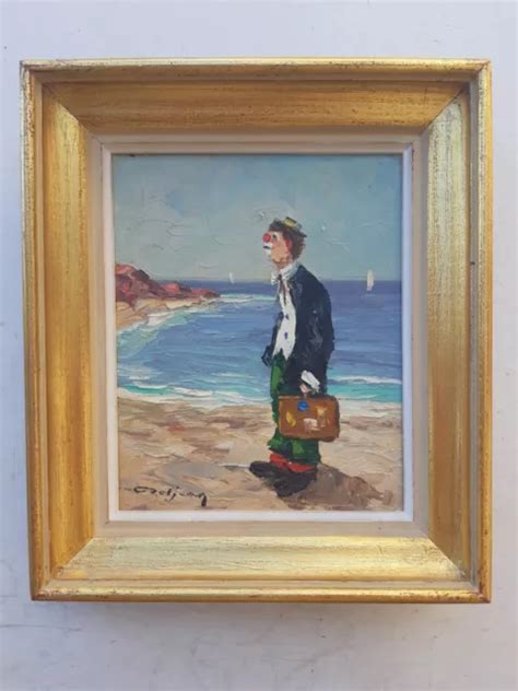 Ancien Tableau Le Clown Voyageur Sur La Plage Avec Sa Valise Peinture