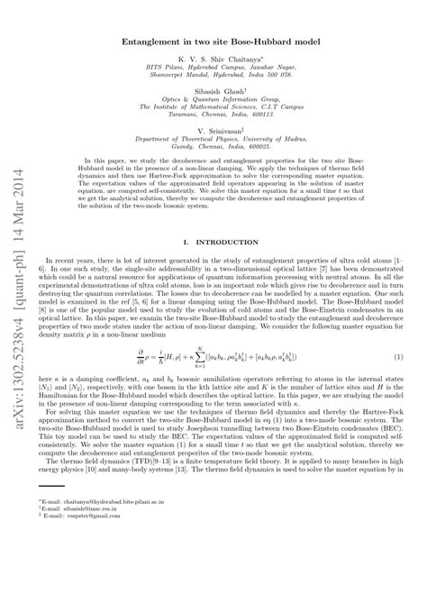 PDF Entanglement In Two Site Bose Hubbard Model