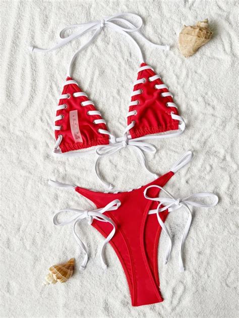 Backless Red Bikini Set With White String Modish Female