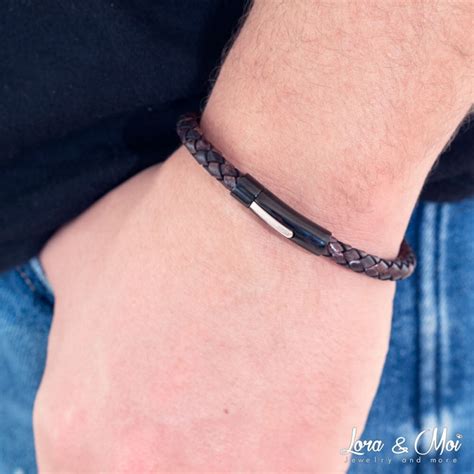 Bracelet En Cuir Tress Brun Fonc Antique Avec Acier Noir Dor