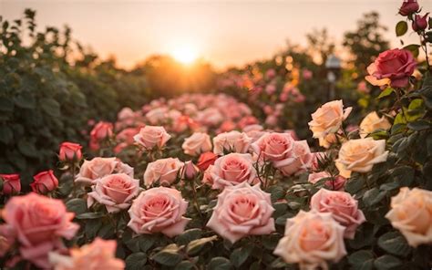 Premium AI Image | Beautiful rose garden in sunset