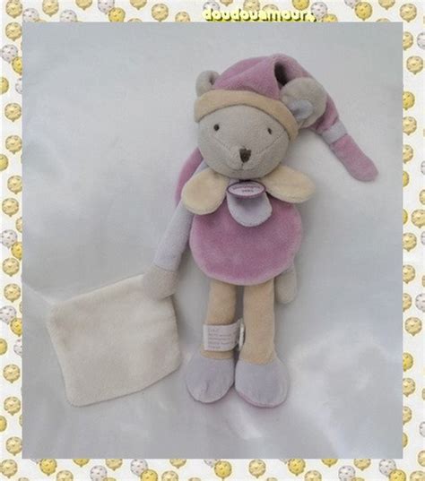 Doudou Peluche Souris Poudré Pantin Cape Bonnet Rose Mouchoir Blanc