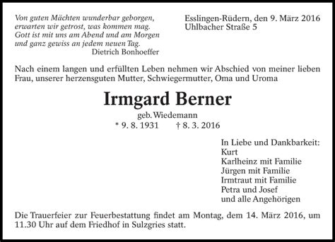 Traueranzeigen Von Irmgard Berner Zeit Des Gedenkens De