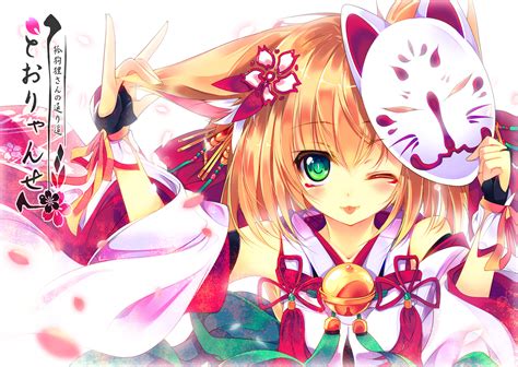 Animal Ears Blonde Hair Fang Foxgirl Green Eyes Japanese