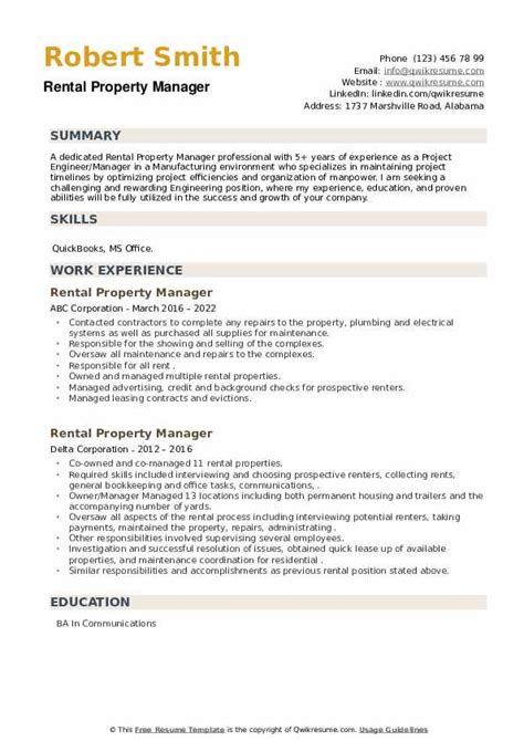 Rental Property Manager Resume Samples QwikResume