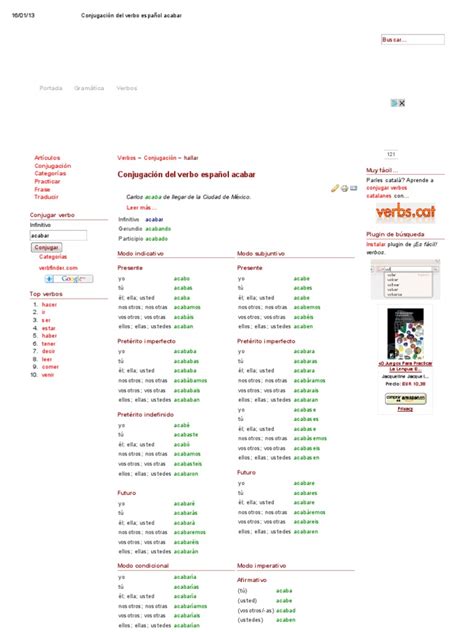 Conjugación Del Verbo Español Acabar Grammatical Conjugation Verb