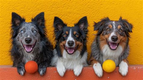 Three Dogs Are Sitting On A Ledge With Balls In Their Mouths Ai Stock