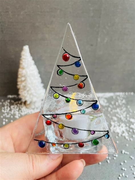 Multicolor Christmas Tree Tea Light Holder Glass Christmas Etsy Uk Glass Fusing Projects