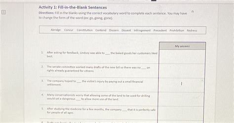 [solved] Activity 1 Fill In The Blank Sentences Directions Fill In