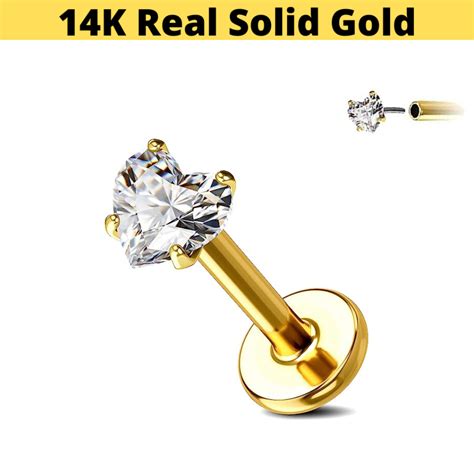 14k Gold 16g Threadless Push Prong Set Heart Cz Labret Apm