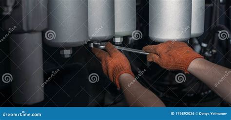 Banner With Close Up View Of Maintenance Process Of Hydraulic Pipes And