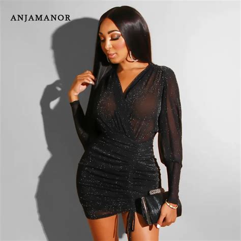 Anjamanor Sparkly Sheer Mesh Sexy Party Night Club Dresses Autumn Deep