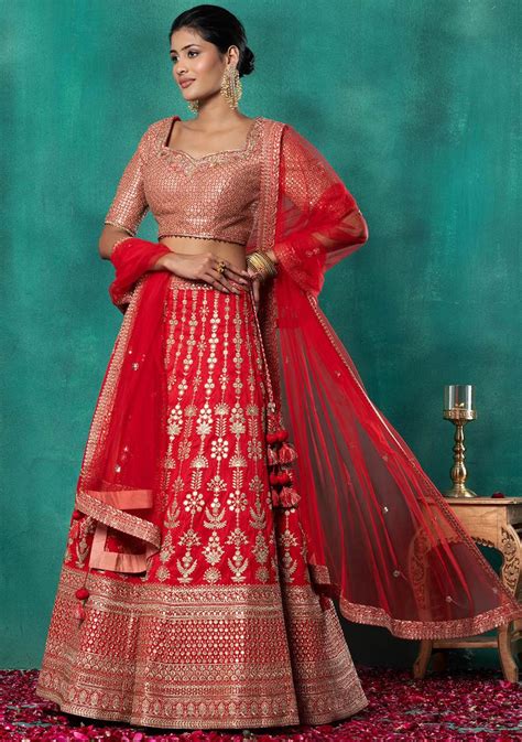 Buy Women Red Floral Zari Sequin Embroidered Bridal Lehenga Set With