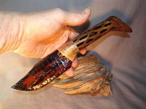 Triplle Flow Obsidian Bowie Knife W Cholla Cactus Wood Handle Coa Flint