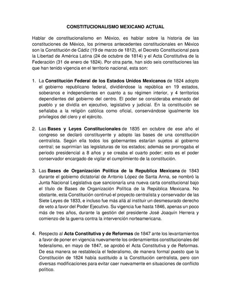 Resumen Constitucionalismo CONSTITUCIONALISMO MEXICANO ACTUAL Hablar