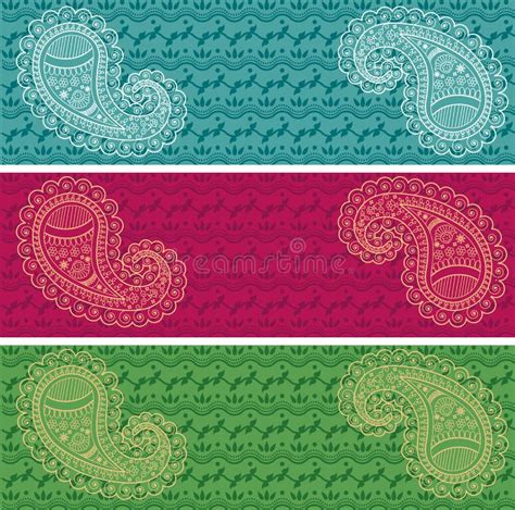 Set Of Oriental Henna Pattern Paisley Horizontal Banners Stock Vector