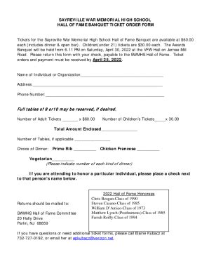 Fillable Online HALL OF FAME BANQUET TICKET ORDER FORM Fax Email Print