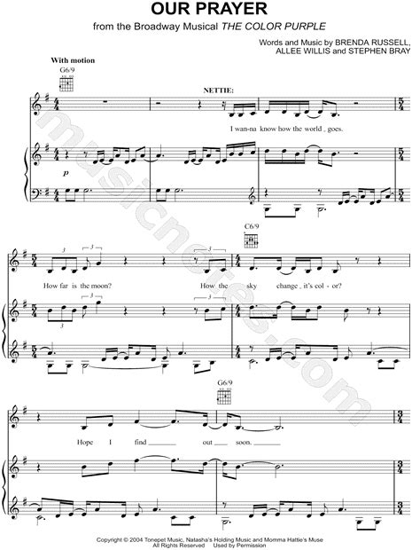 Our Prayer From The Color Purple [musical] Sheet Music In G Major