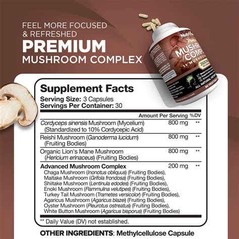 Nutrivein Mushroom Complex Supplement 2600mg 90 Capsules 11 Organic Mushrooms