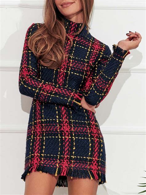 Red Plaid High Neck Tassel Trim Long Sleeve Women Mini Dress Choies