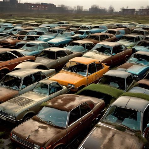 A Large Number Of Old Cars Parked Closely Together In A Scrapyard