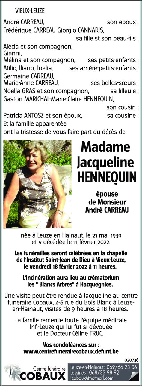 Avis De Décès De Jacqueline Hennequin Décédé Le 11022022 à Leuze En