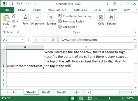 MS Excel 2013 Align Text To The Top Of The Cell