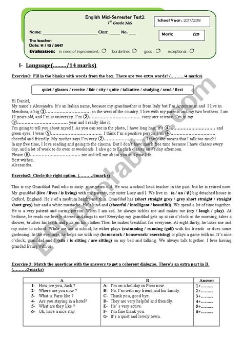 Mid Semester Test 2 ESL Worksheet By Maynou