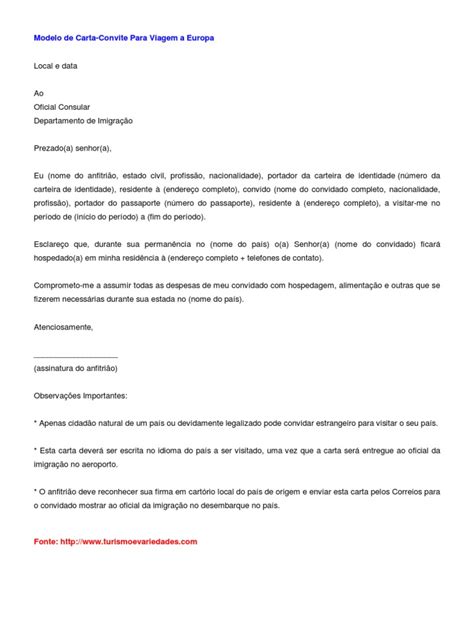 Carta Convite Para Viagem A Europa Pdf