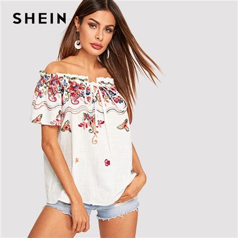 Shein Bohemian White Off Shoulder Frill Trim Flower Embroidered Blouse