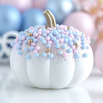 A White Pumpkin Decorated With Glitter On Blue And Pink Color Blur