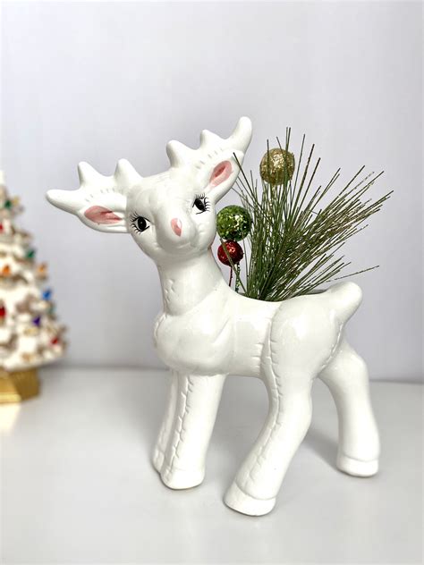 Vintage Ceramic Reindeer Planter Retro White And Pink Etsy