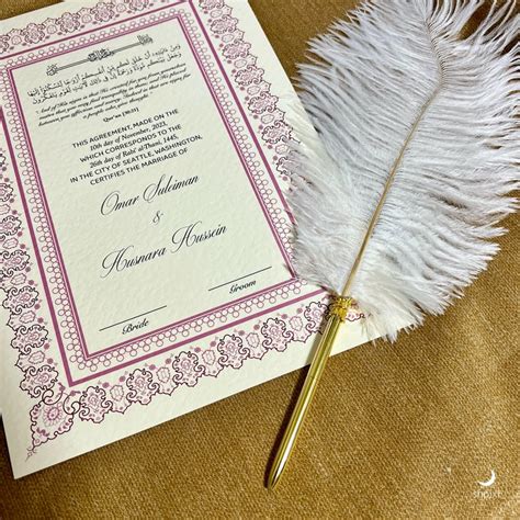 Luxury Nikkah Certificate With Feather Pen Personalised Custom Nikkah