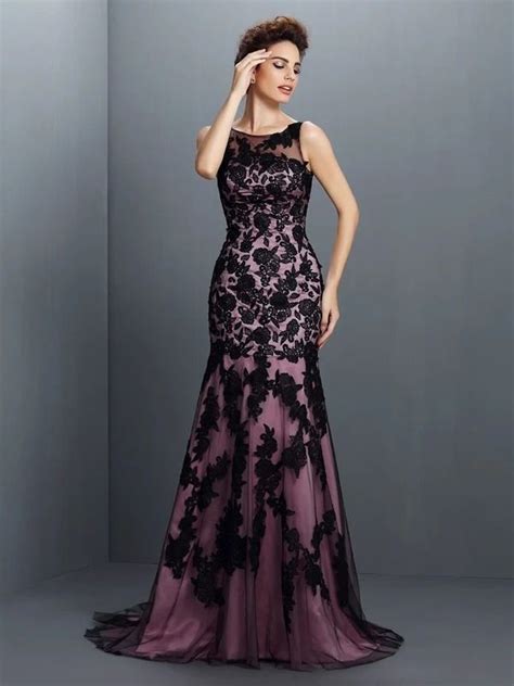 Trumpet Mermaid Bateau Applique Sleeveless Long Elastic Woven Satin