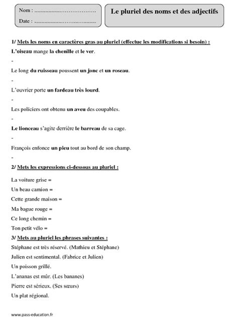 Pluriel Des Noms Et Des Adjectifs Cm1 Exercices Corrigés Orthographe Cycle 3 Pass