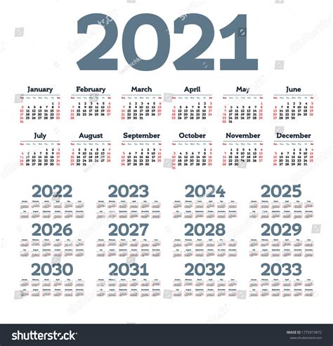 English Calendar Years 20212033 Week Starts Stock Vector Royalty Free