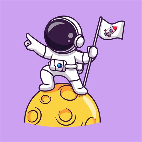 Cute Astronaut Holding Flag On Moon Cartoon Vector Icon Illustration