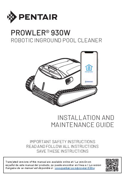 PENTAIR Prowler 930w Robotic Inground Pool Cleaner Installation Guide