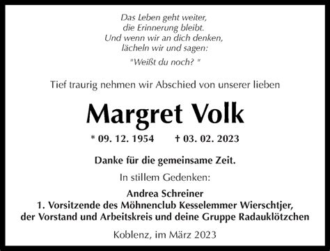 Traueranzeigen Von Margret Volk Rz Trauer De