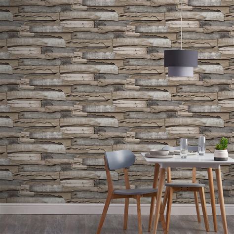 Grandeco Malay Planked Wood Effect Natural Wallpaper Wilko