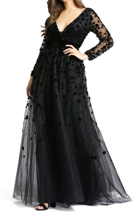 Mac Duggal Velvet Floral Appliqué Long Sleeve Tulle Gown Nordstrom