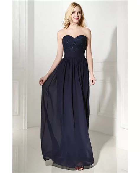 Flowy Chiffon Long Evening Dress Navy Blue With Sweetheart Lace H76126