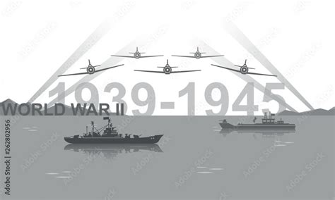 World War II 1939-1945 black and white vector illustration. Battlefield ...