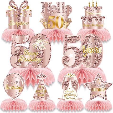 9pcs Rose Gold Pink 50 Birthday Decorations Honeycomb