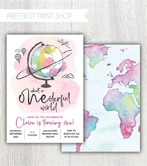 Onederful Birthday Invitation What A Onederful World Party Globe Hot Air Balloon Airplane