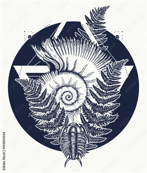 Nautilus Shell Prehistoric Tattoo Art Trilobites Ammonite And Fern