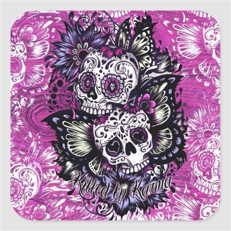 Butterfly Sugar Skulls On Pink Wood Base Square Sticker