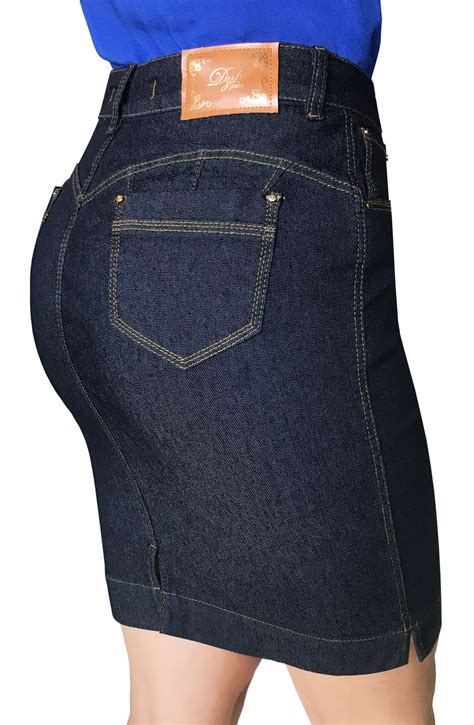 Saia Jeans Secretária Escura Aberturas na Barra Dyork Moda Evangélica